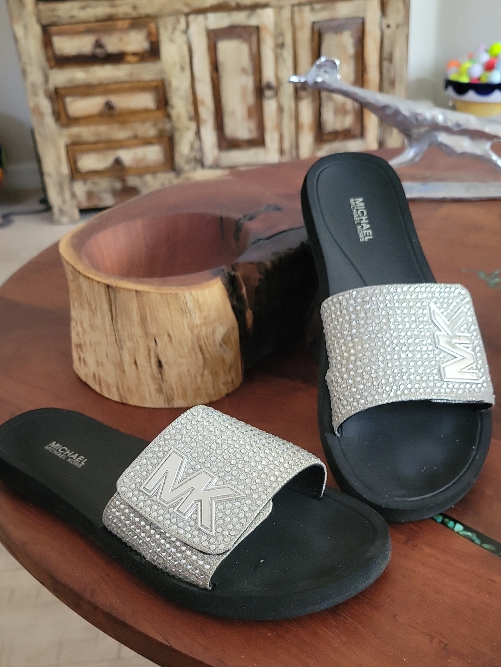 Michael Kors Silver Crystal MK Slide Sandals with Black Footbed